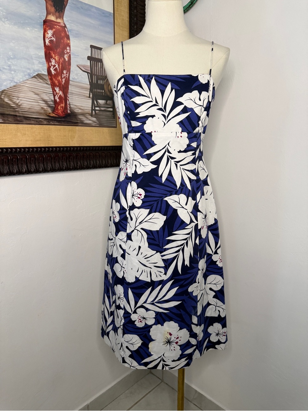 Evan Picone Navy and White Tropical Backless Sundress